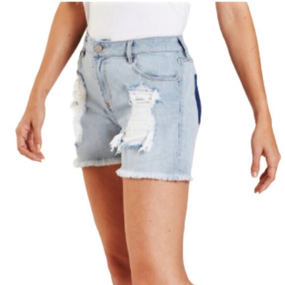NWT DEAR JOHN Ava High Rise Raw Hem Missing Pocket Destructed Denim Shorts - Picture 4 of 9